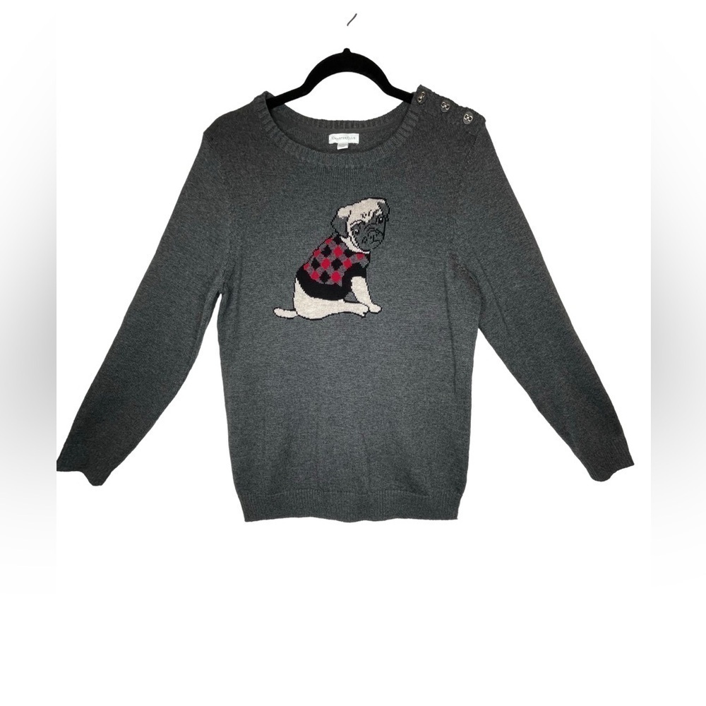 Charter Club Gray French Bull Dog Knit Sweater Button Shoulder Womens Size Med